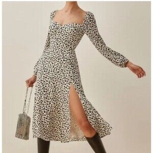 Reformation Shelby Dress Ocelot White Black Polka Dot Midi Slit Bustier Size 0